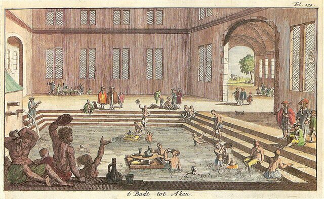 Sources chaudes à Aix-la-Chapelle, Allemagne - « Aachen Kaiserbad 1682 » de Jan Luyken ou Cuyken (ungeklärt) - Scan einer Reproduktion eines Kupferstiches. Sous licence du domaine public via Commons - https://commons.wikimedia.org/wiki/File:Aachen_Kaiserbad_1682.jpg#/media/File:Aachen_Kaiserbad_1682.jpg