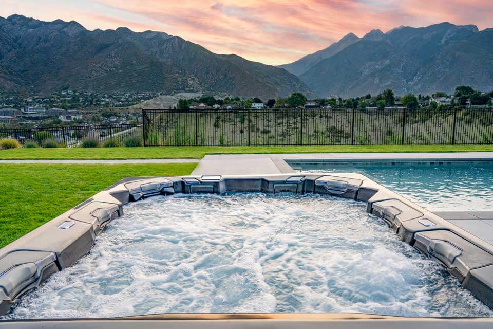 Hot tub with a mountain view