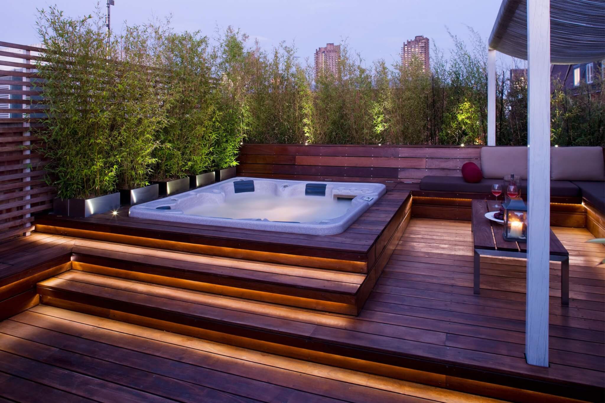 Modern Hot Tub Deck with Lighted Steps