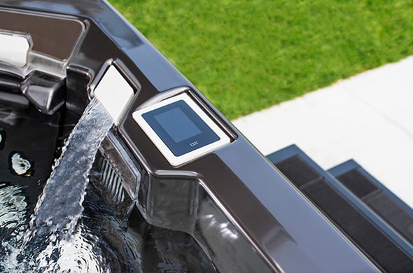 waterfall feature and control panel in spa